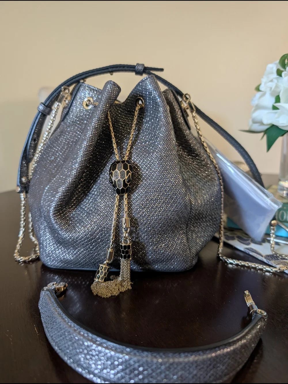 Bvlgari Silver Bucket Drawstring Bag Gold Chain Strap Tassel Accent Designer
